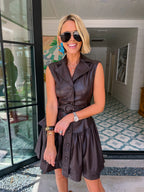 SET THE TONE FAUX LEATHER DROP WAIST DRESS - BROWN