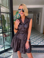 SET THE TONE FAUX LEATHER DROP WAIST DRESS - BROWN