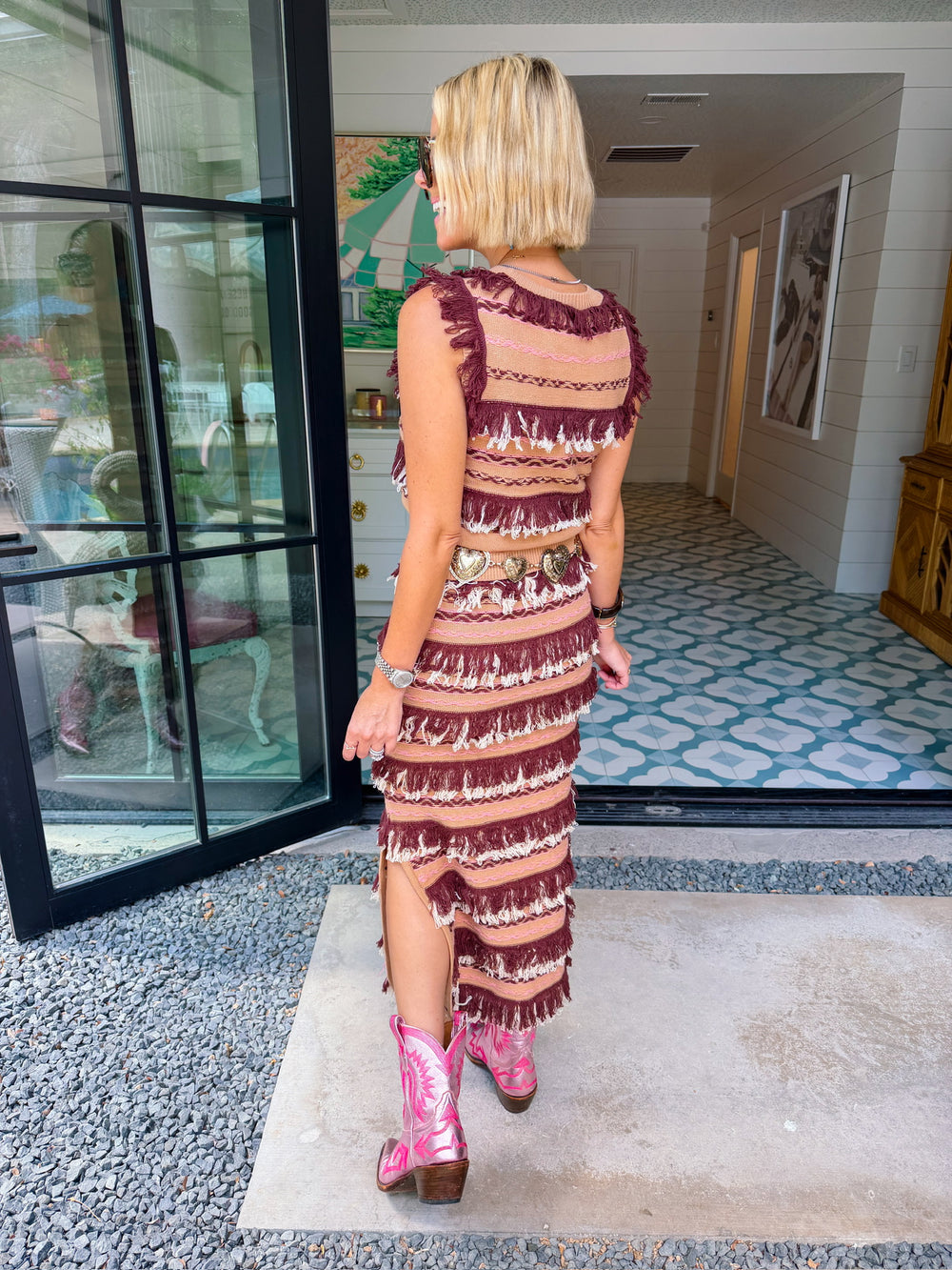 LIVING FOR THE FUN FRINGE KNIT MIDI SKIRT SET - BROWN