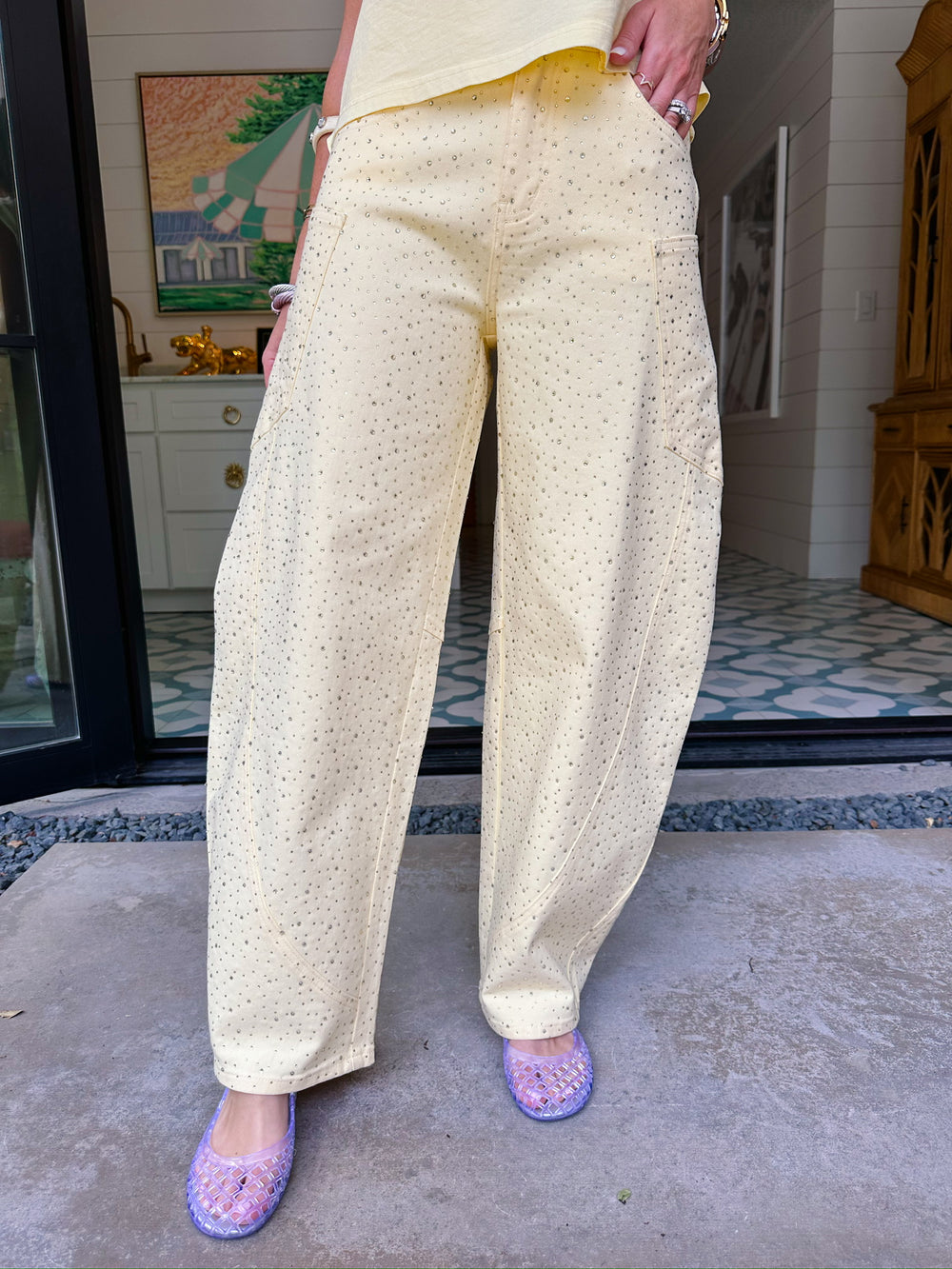 RORI RHINESTONE BARREL JEANS - YELLOW
