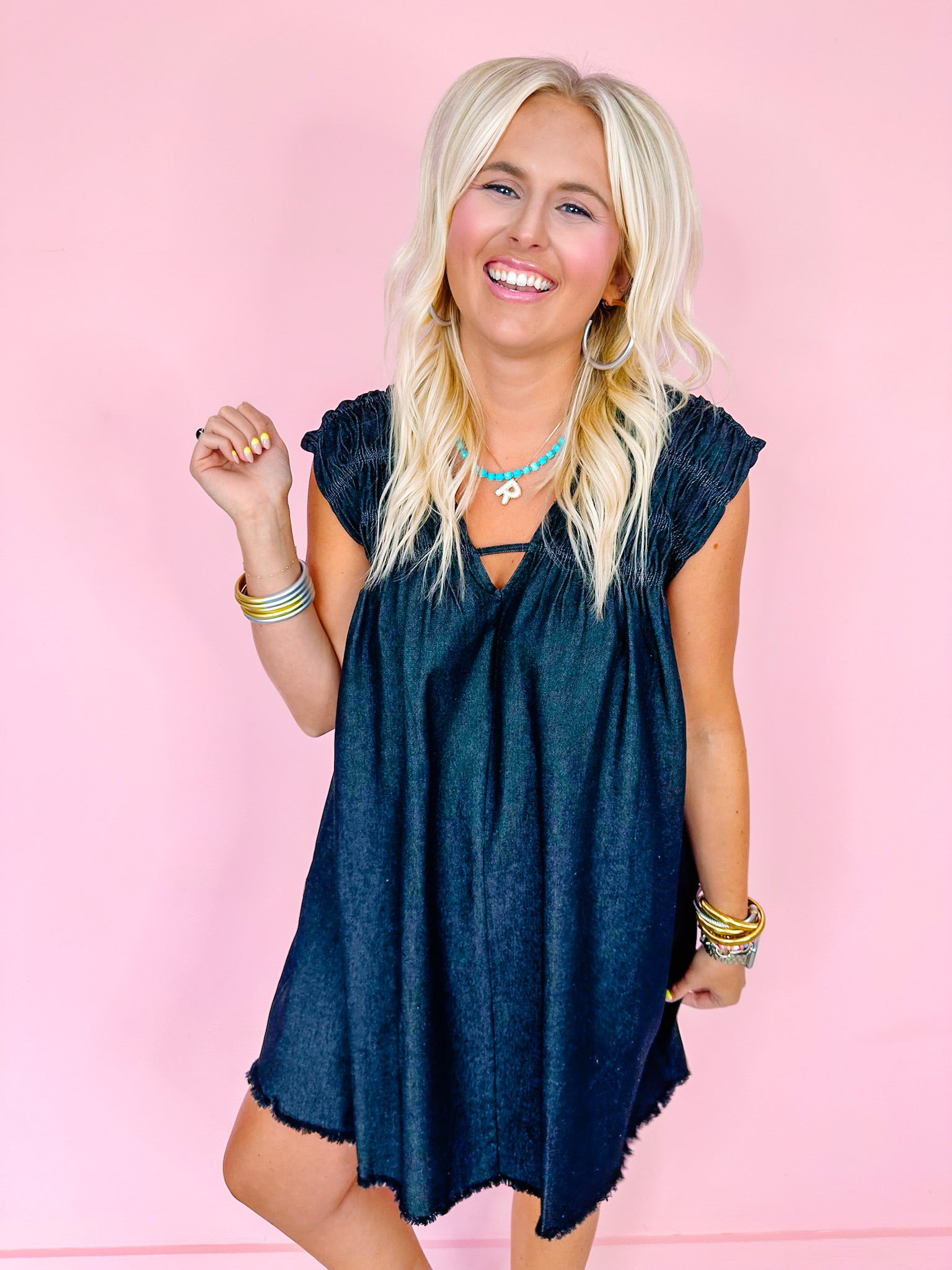 DYING FOR DENIM SMOCKED V NECK DRESS - BLACK DENIM