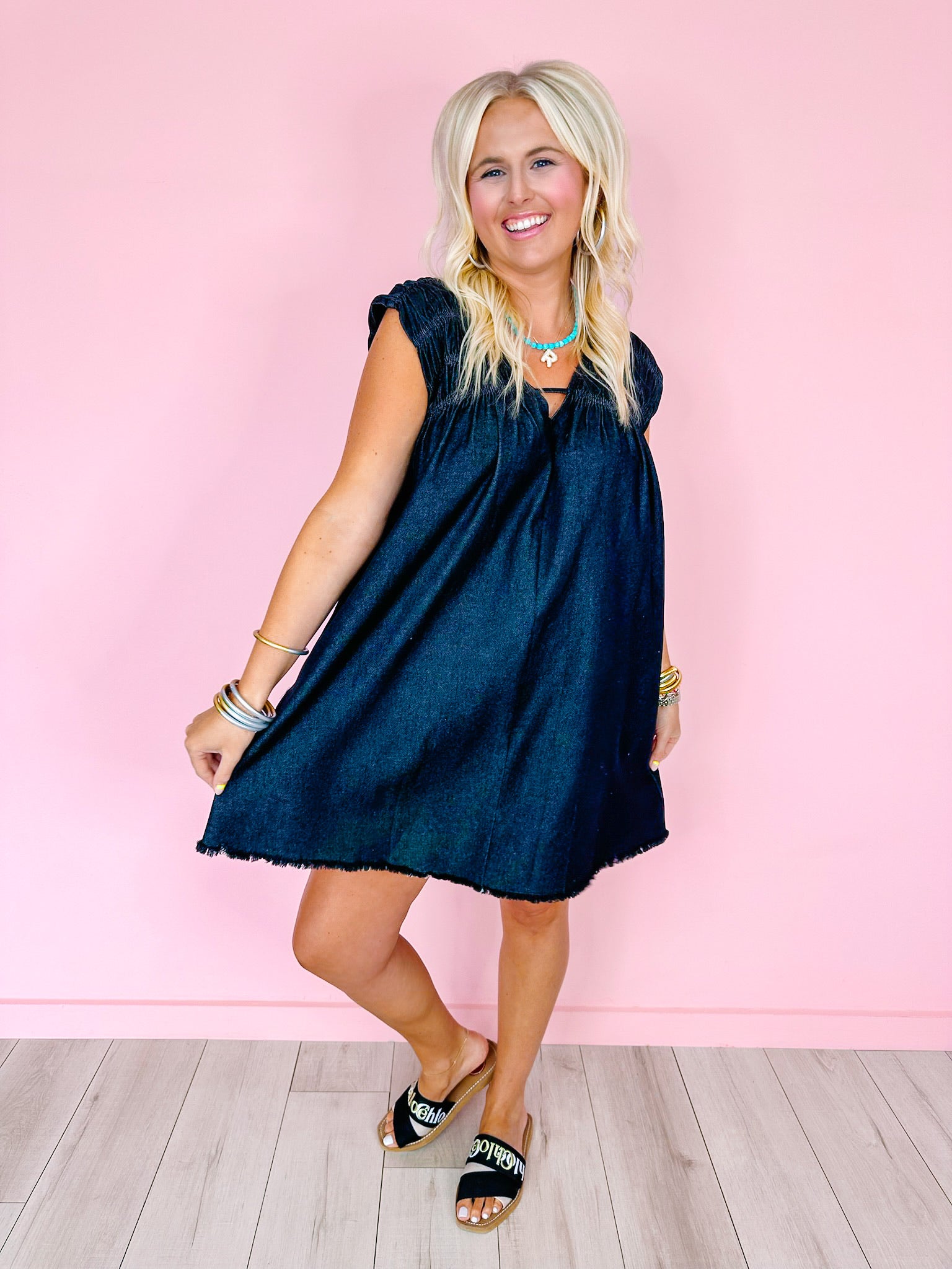 DYING FOR DENIM SMOCKED V NECK DRESS - BLACK DENIM