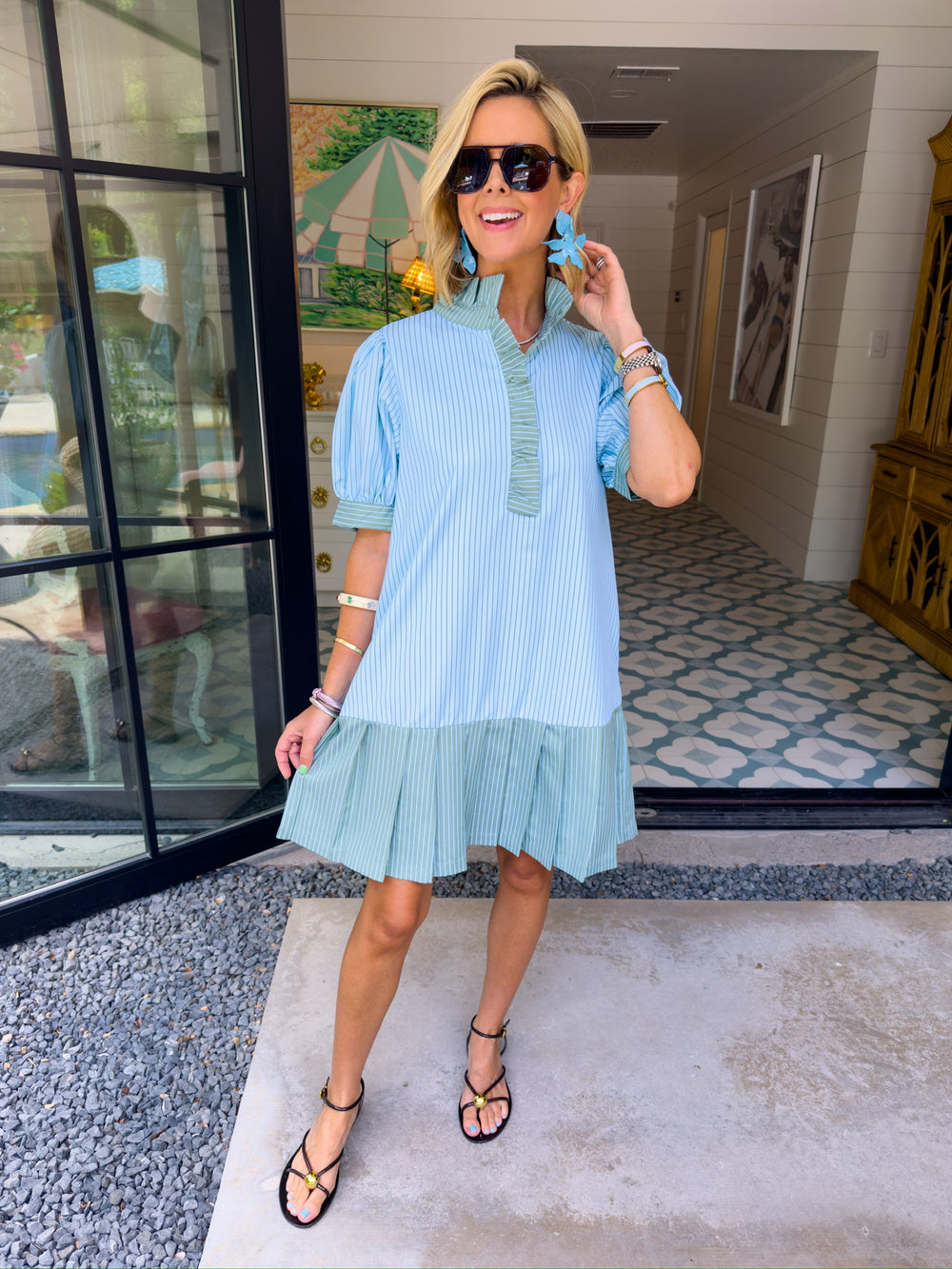 JILLIAN PIN STRIPE RUFFLE NECK DRESS - BLUE/GREEN
