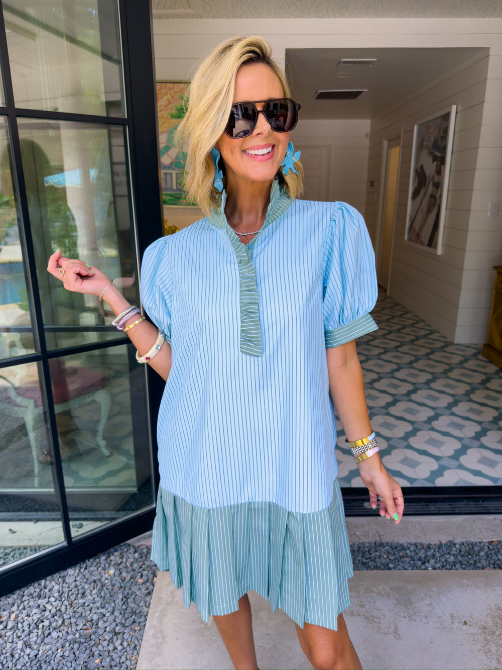JILLIAN PIN STRIPE RUFFLE NECK DRESS - BLUE/GREEN