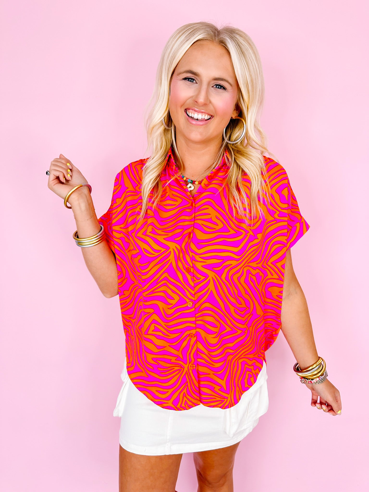 ZEBRA LOVE STRIPES BUTTON UP TOP - ORANGE