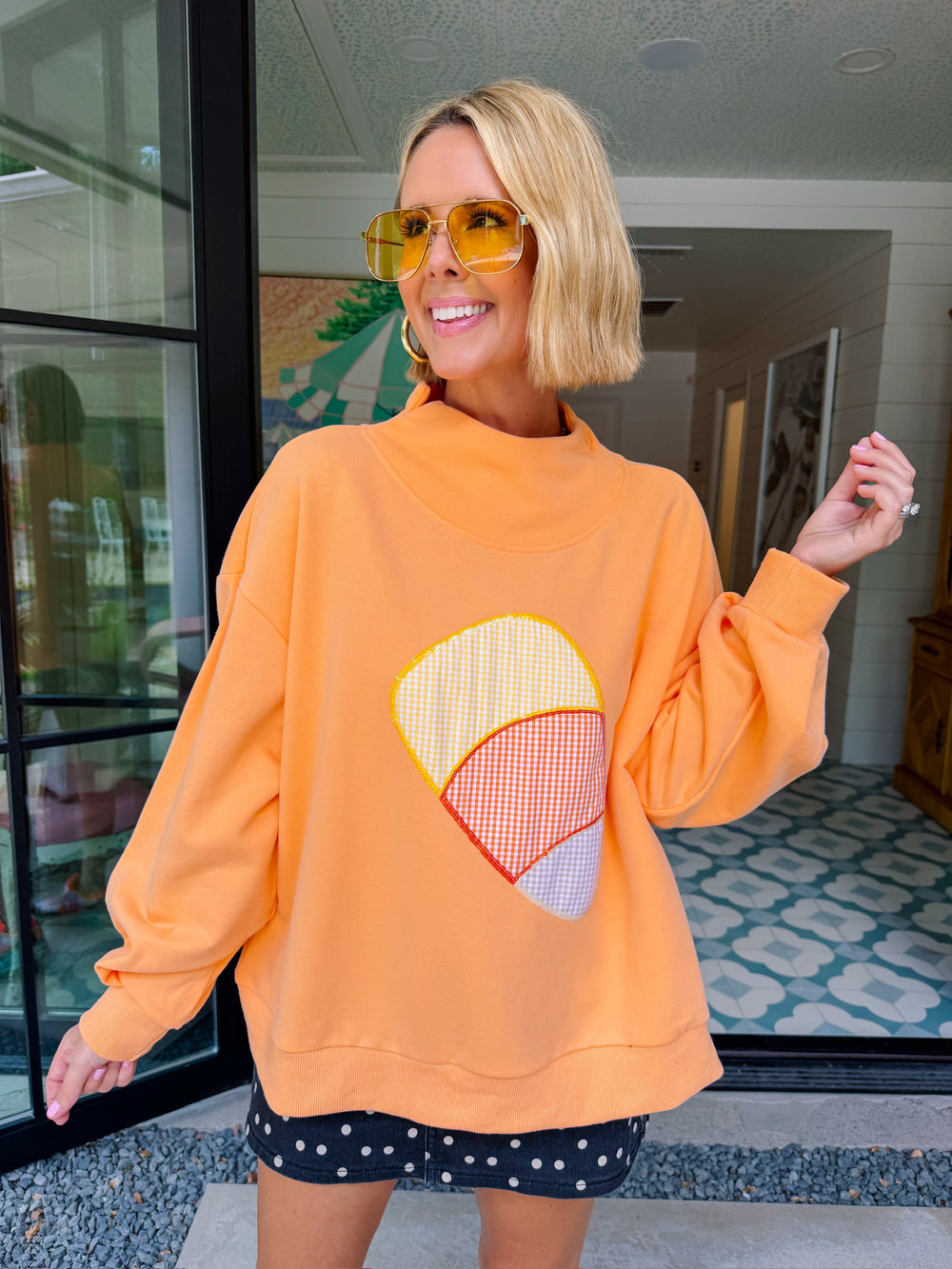 GINGHAM CANDY CORN MOCKNECK SWEATSHIRT - ORANGE