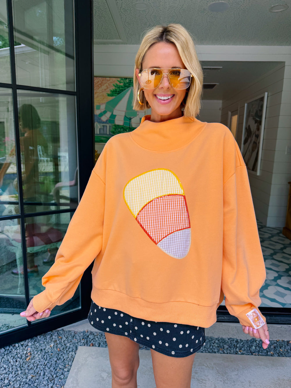 GINGHAM CANDY CORN MOCKNECK SWEATSHIRT - ORANGE