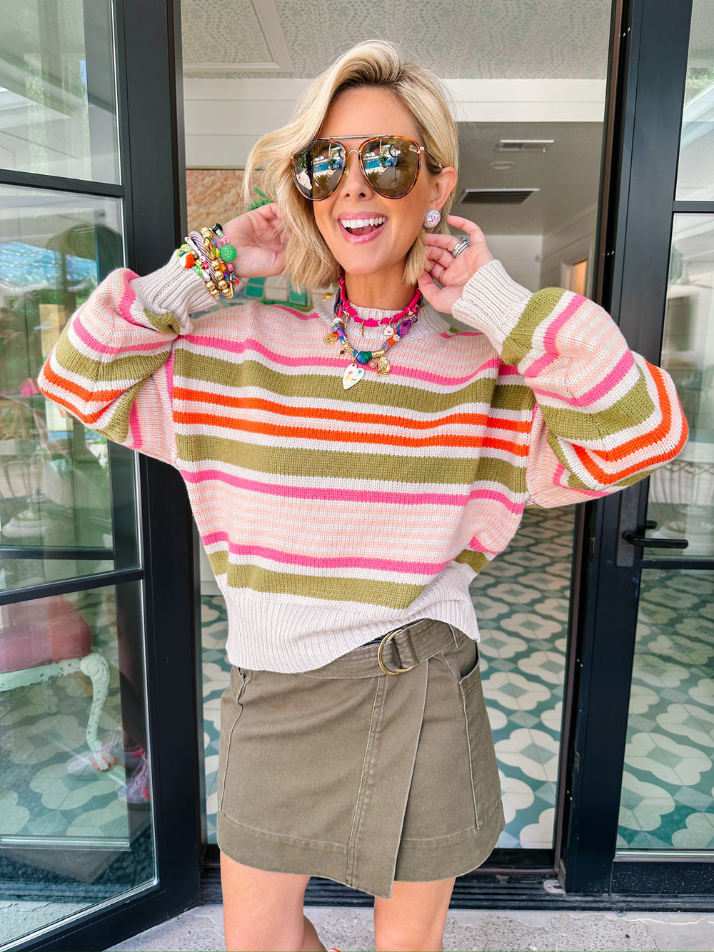 STOP BY STRIPE SWEATER - PINK/GREEN