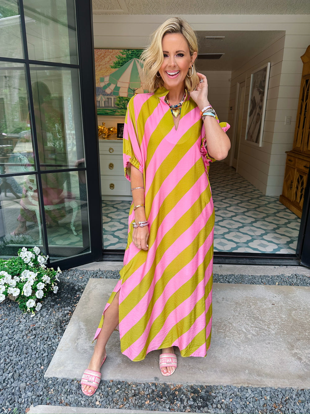 SWAY WITH THE DAY DIAGONAL STRIPE MIDI DRESS - GREEN/PINK