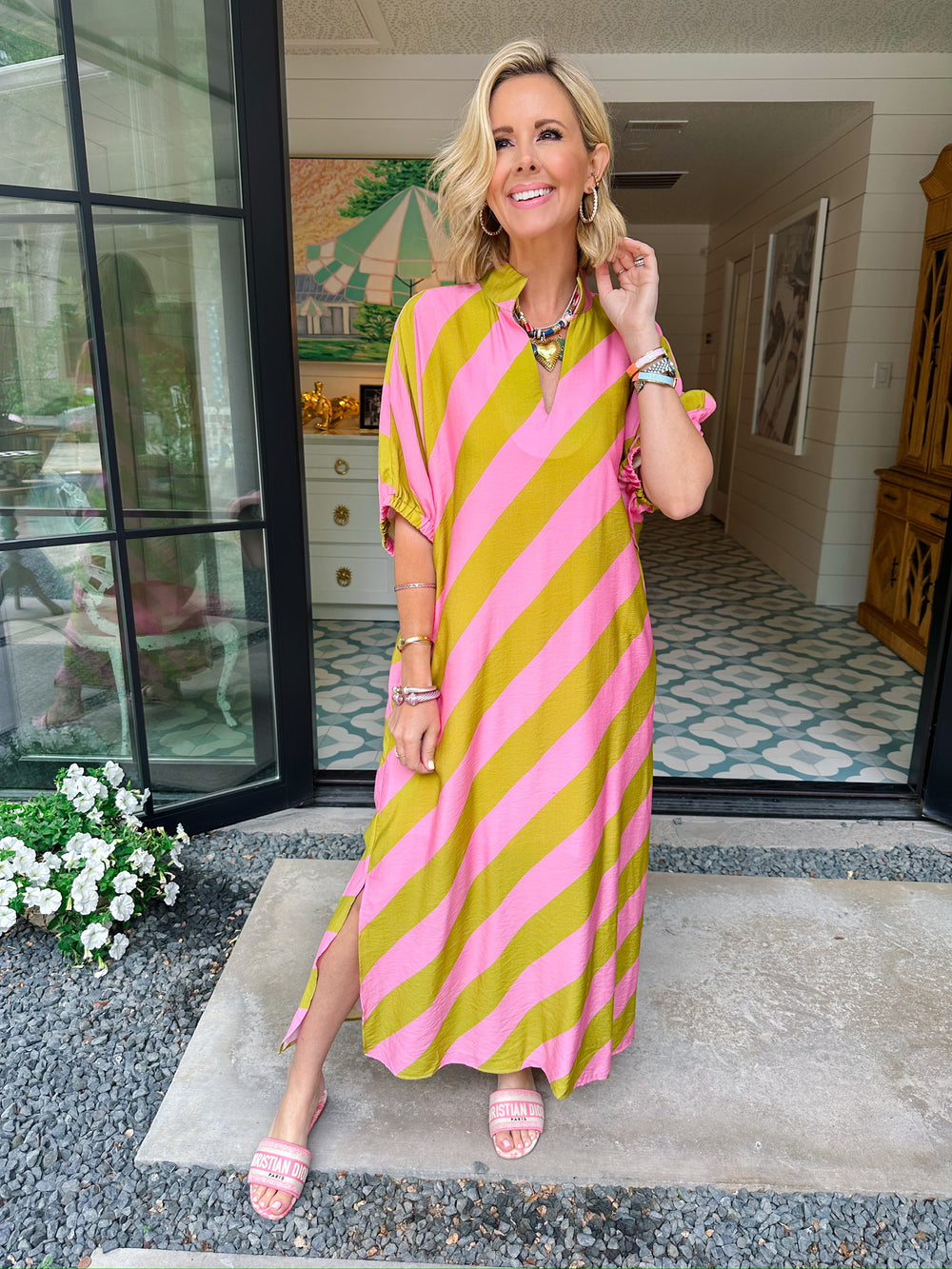 SWAY WITH THE DAY DIAGONAL STRIPE MIDI DRESS - GREEN/PINK