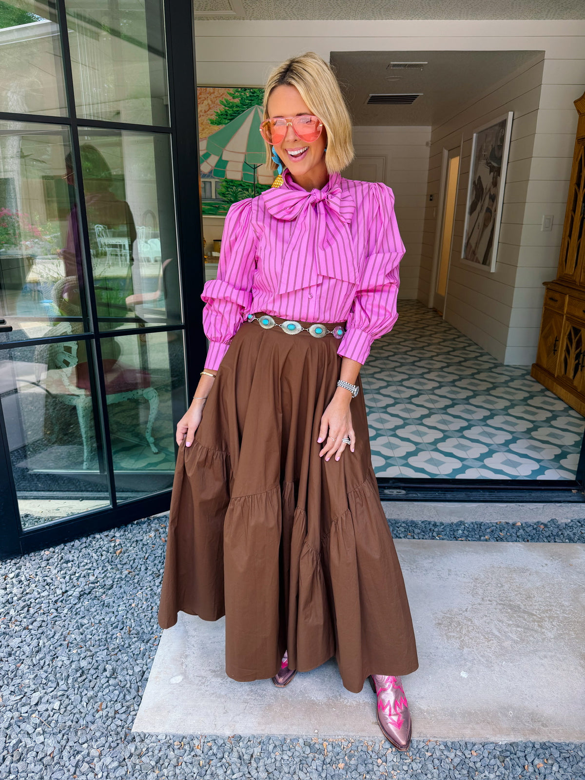 TIED UP PRETTY STRIPE BUTTON UP TOP - PINK/BROWN