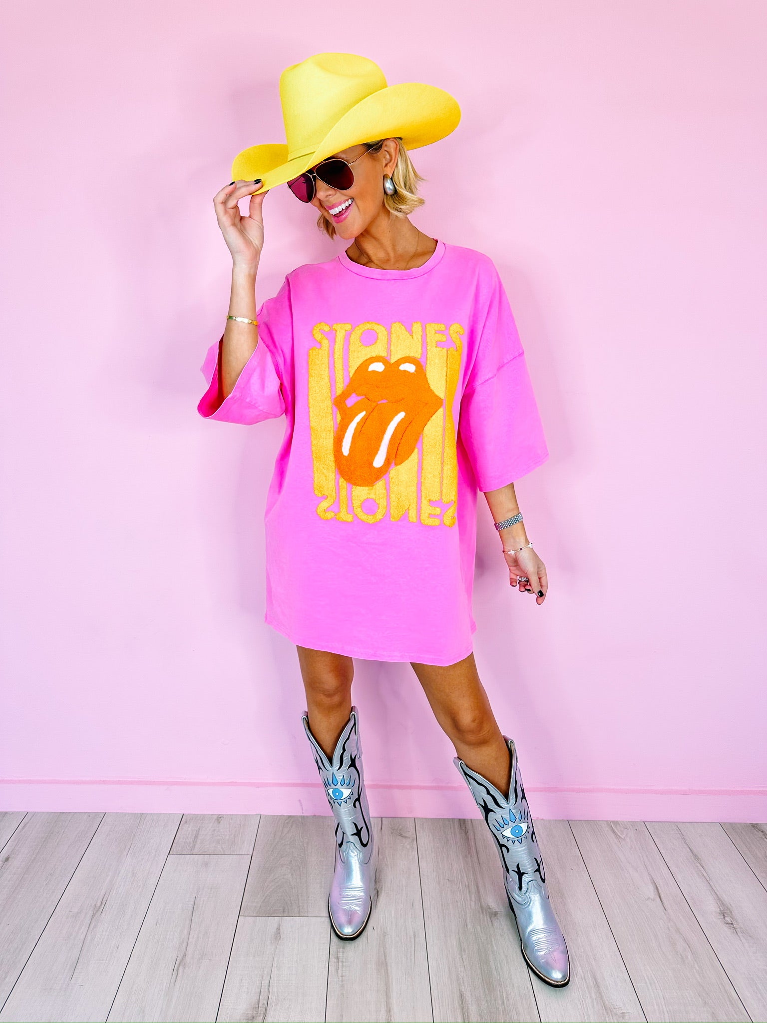 ROLLING STONES OVERSIZED TUNIC TOP - PINK/YELLOW