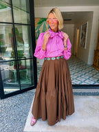 TIED UP PRETTY STRIPE BUTTON UP TOP - PINK/BROWN
