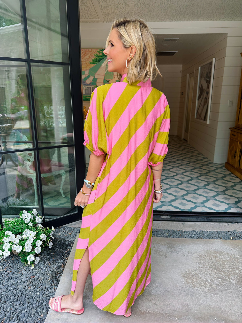 SWAY WITH THE DAY DIAGONAL STRIPE MIDI DRESS - GREEN/PINK