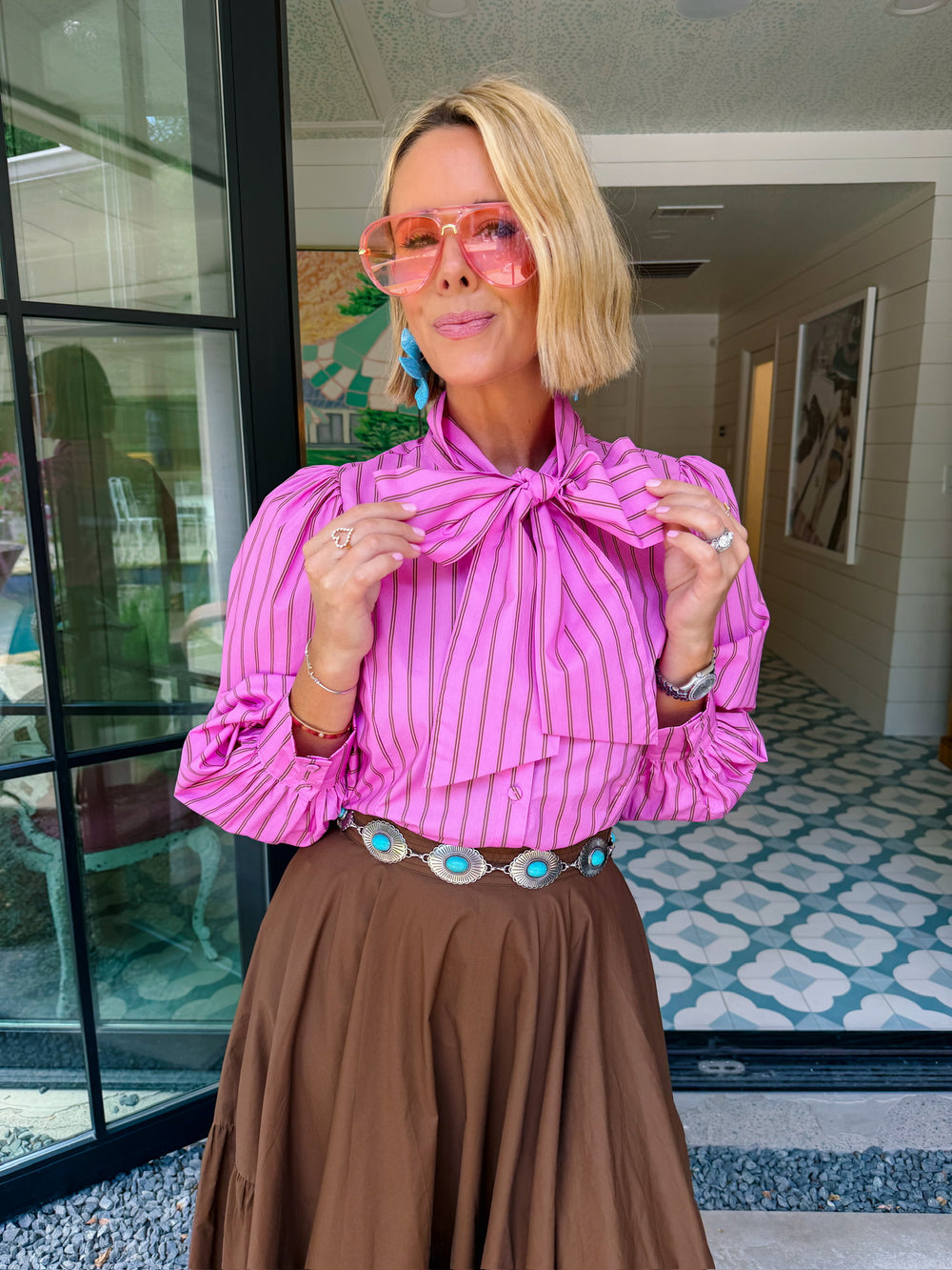 TIED UP PRETTY STRIPE BUTTON UP TOP - PINK/BROWN