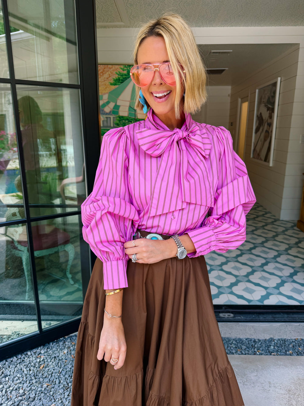 TIED UP PRETTY STRIPE BUTTON UP TOP - PINK/BROWN