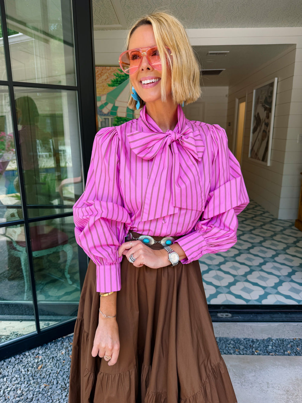 TIED UP PRETTY STRIPE BUTTON UP TOP - PINK/BROWN