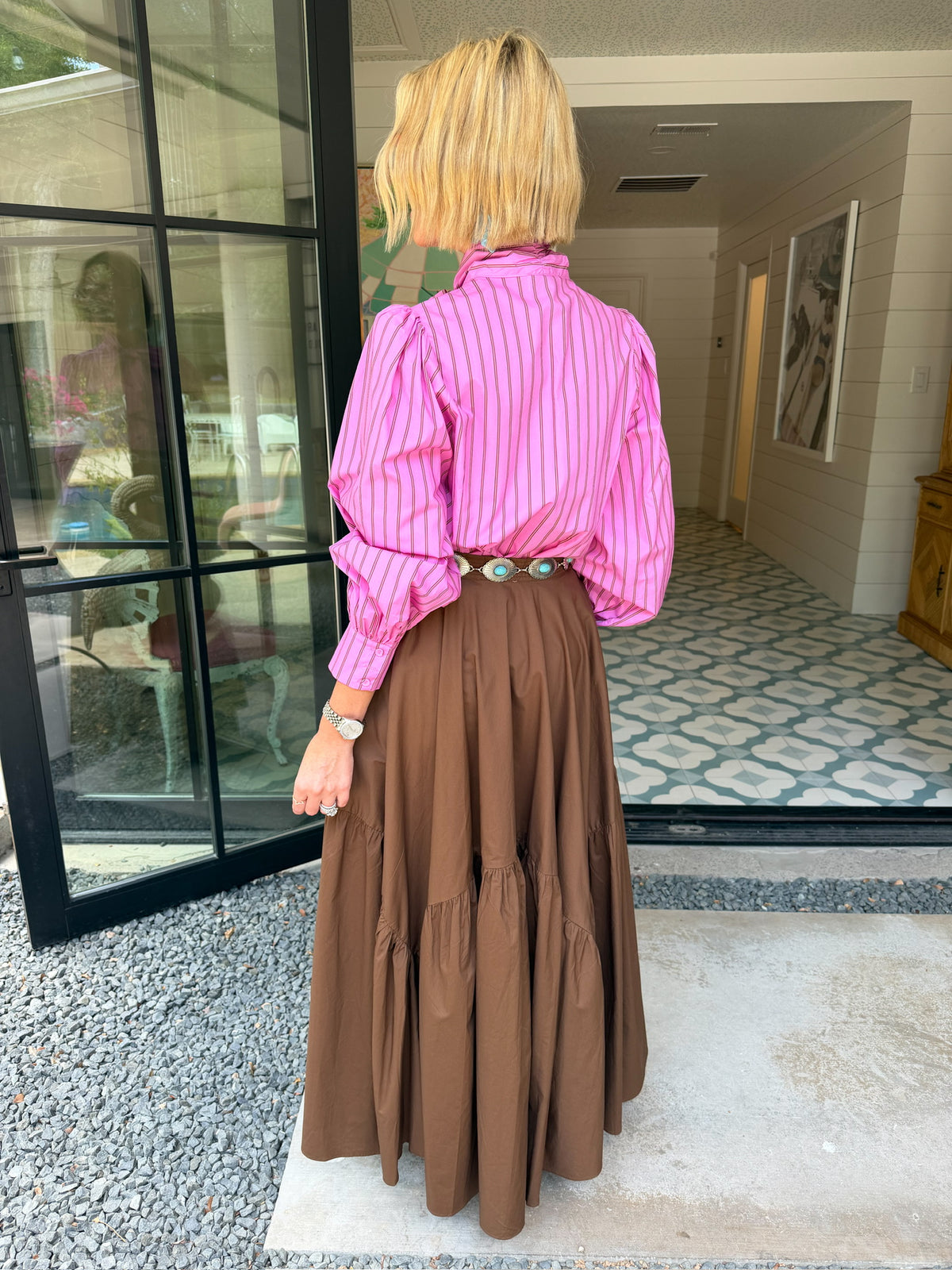 TIED UP PRETTY STRIPE BUTTON UP TOP - PINK/BROWN