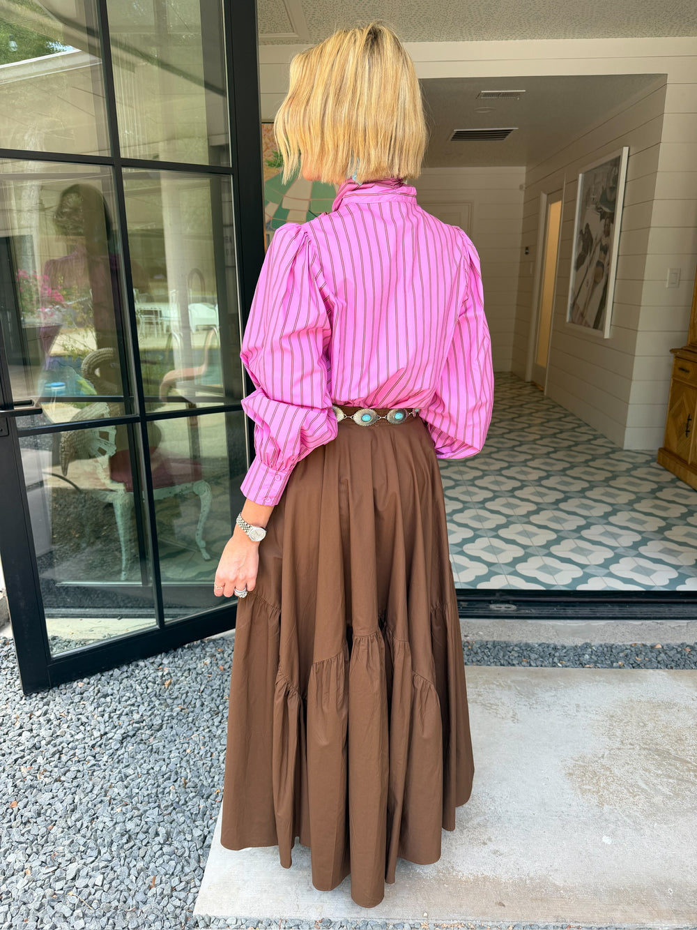 TIED UP PRETTY STRIPE BUTTON UP TOP - PINK/BROWN