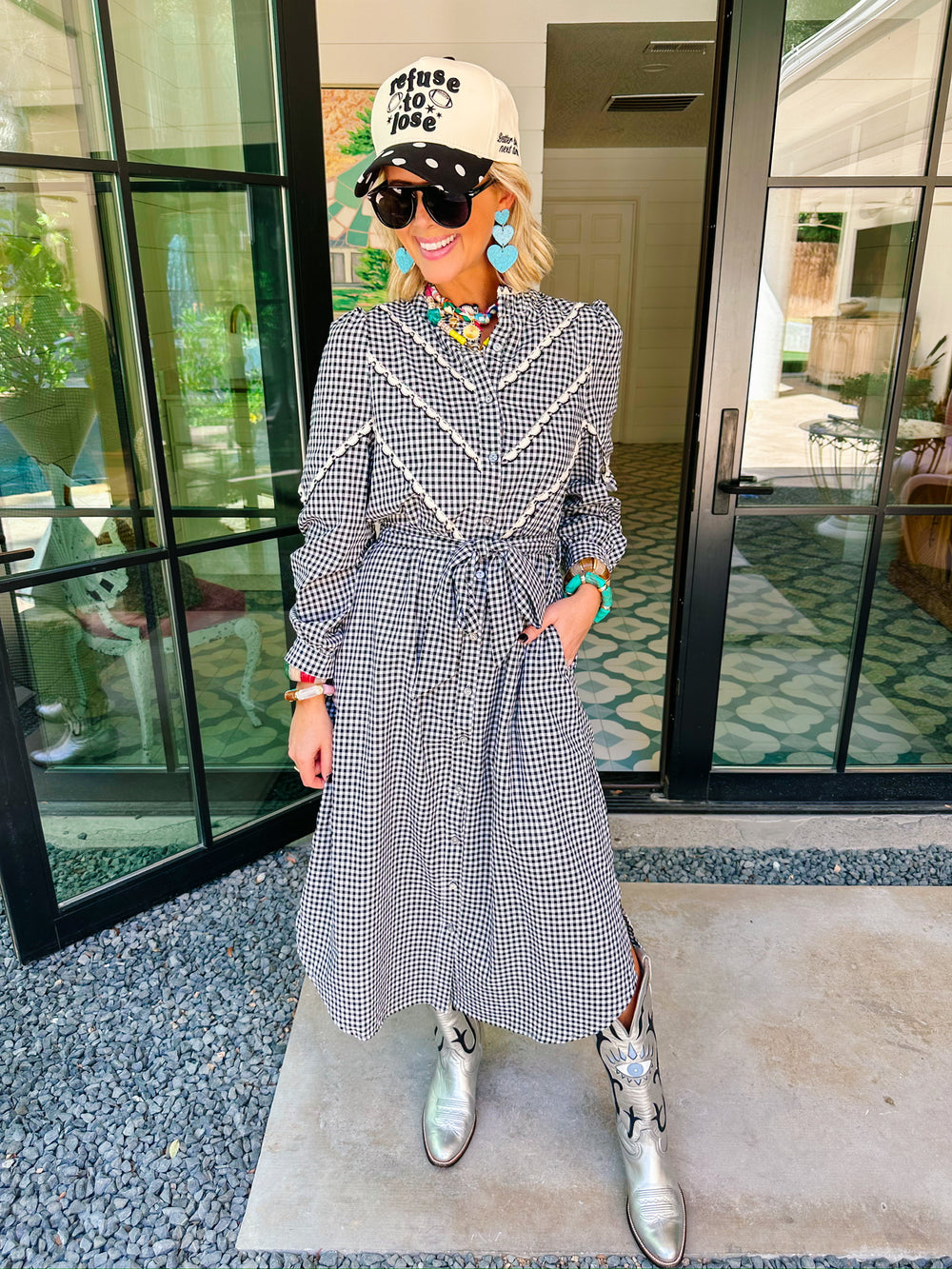 GABRIELLA GINGHAM SCALLOP TRIM MIDI DRESS - BLACK