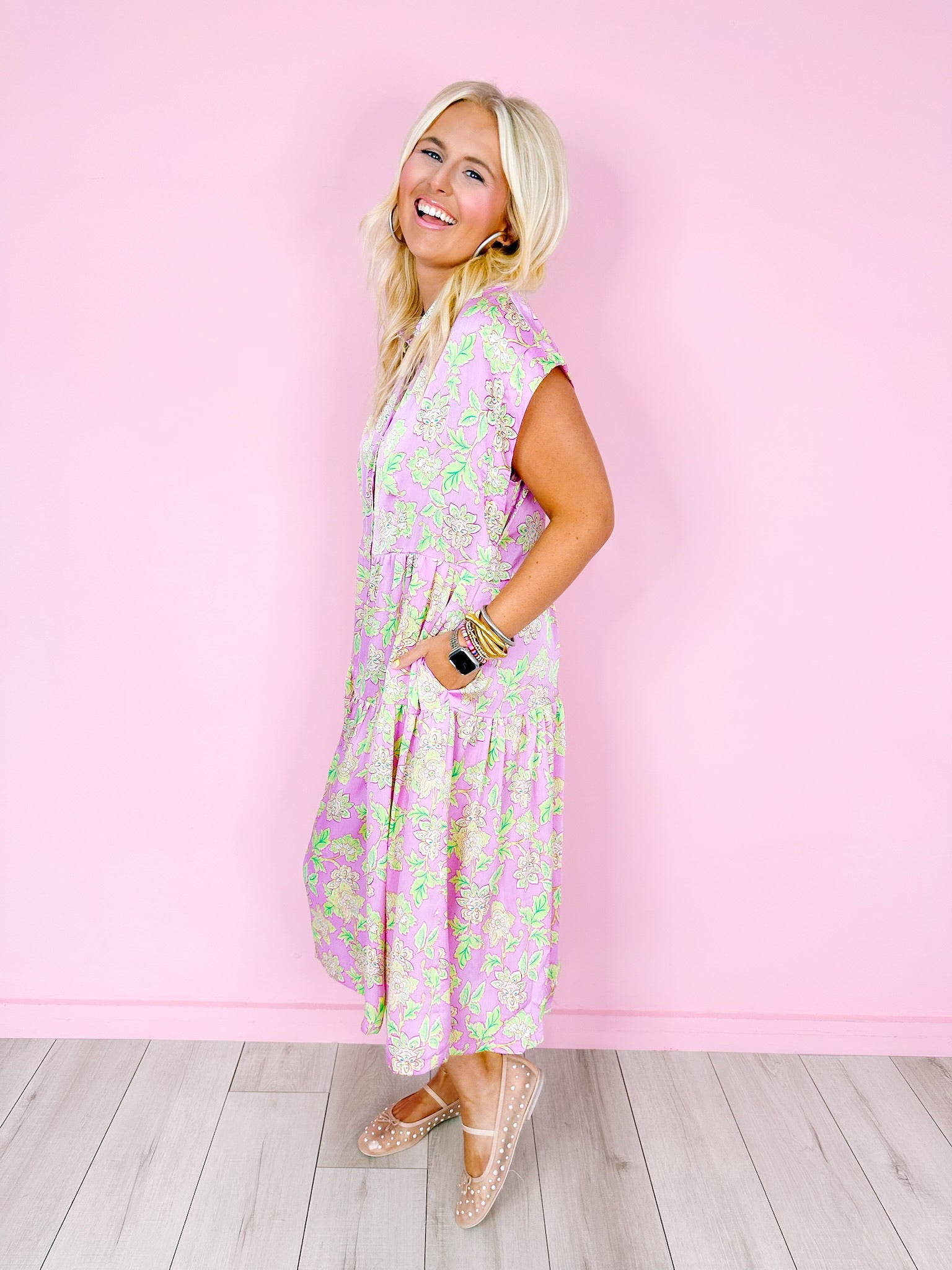 GLEEFUL GARDEN VINES MIDI DRESS - LAVENDER