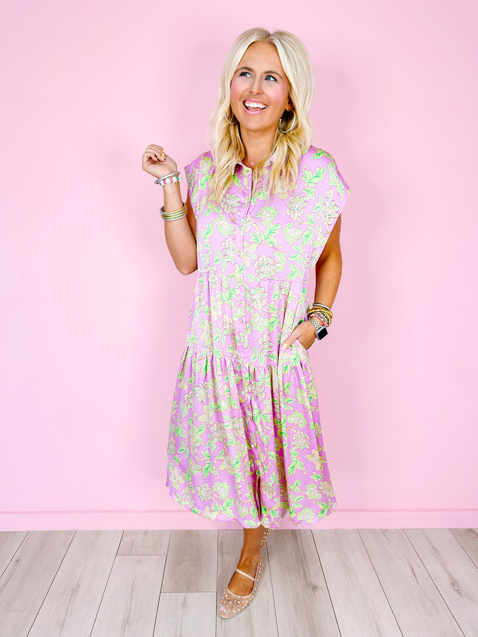 GLEEFUL GARDEN VINES MIDI DRESS - LAVENDER