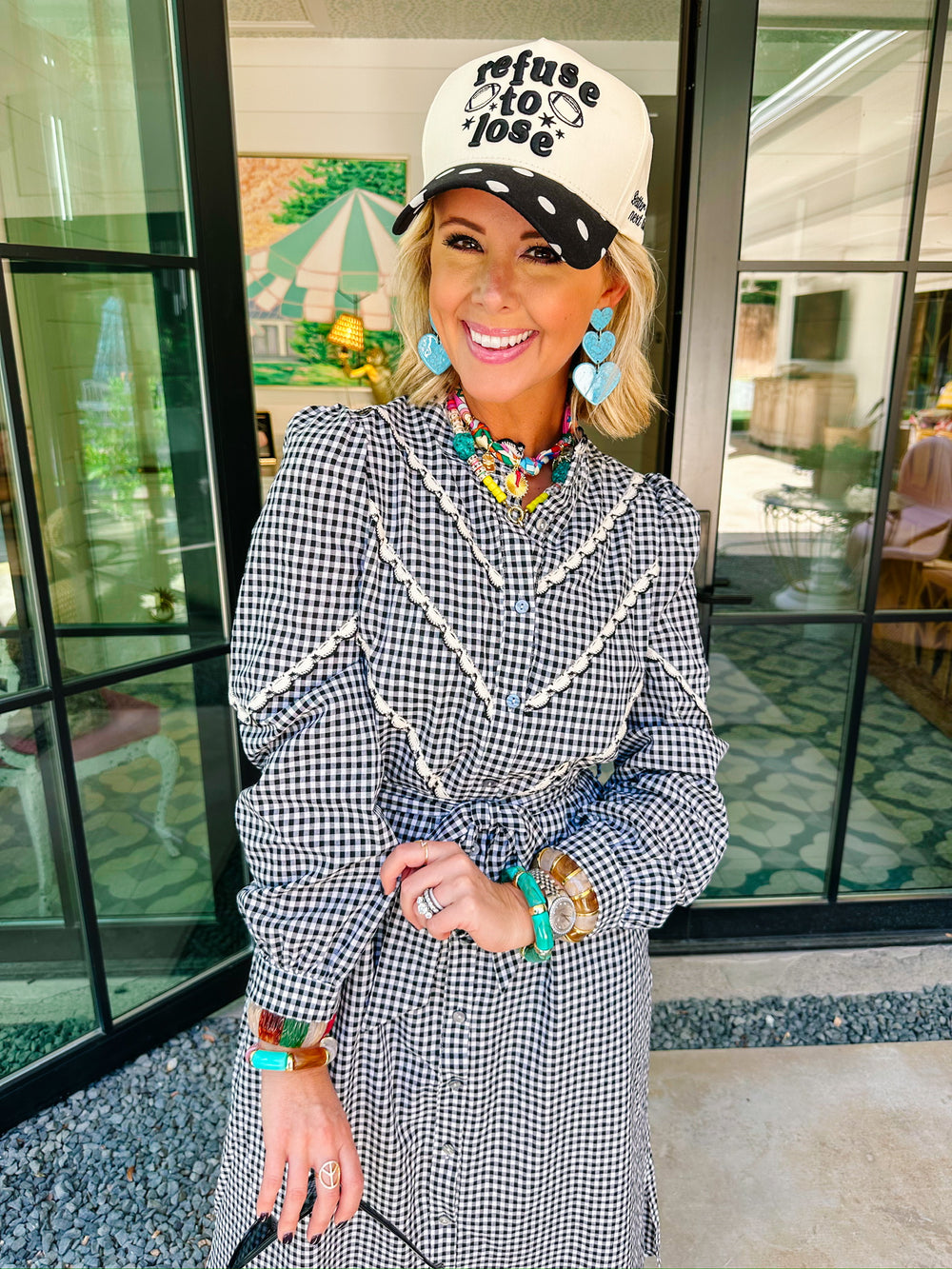 GABRIELLA GINGHAM SCALLOP TRIM MIDI DRESS - BLACK