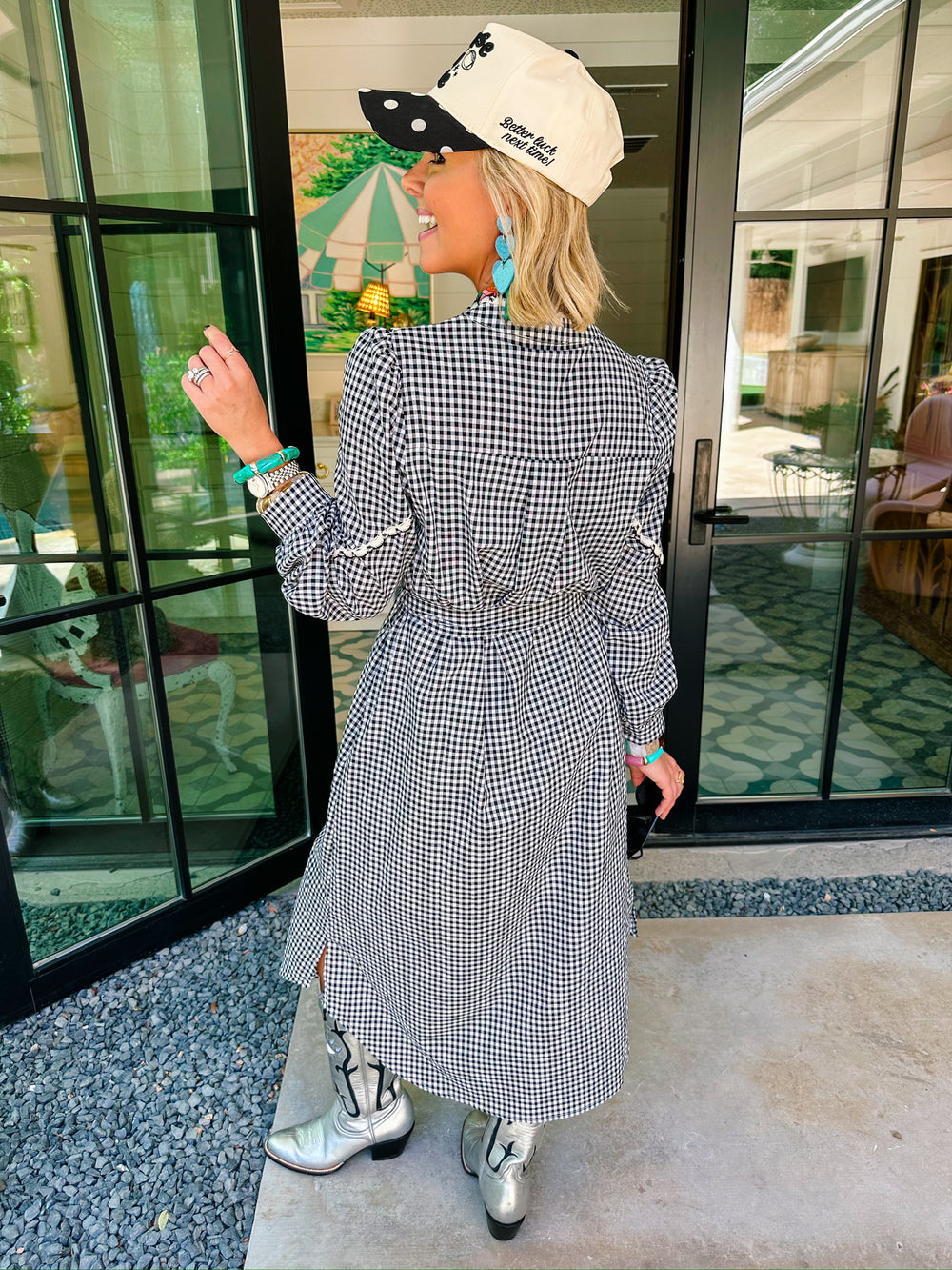 GABRIELLA GINGHAM SCALLOP TRIM MIDI DRESS - BLACK