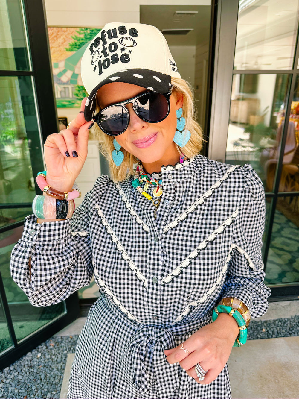 GABRIELLA GINGHAM SCALLOP TRIM MIDI DRESS - BLACK