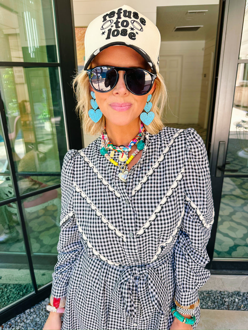 GABRIELLA GINGHAM SCALLOP TRIM MIDI DRESS - BLACK