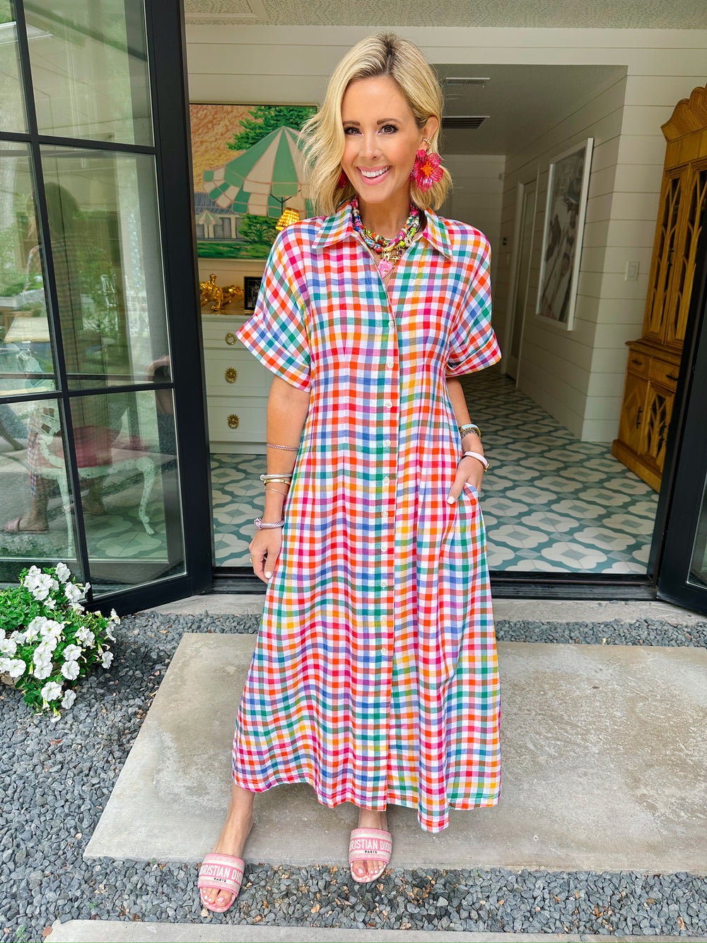 STEPPING OUT IN COLOR GINGHAM BUTTON UP MIDI DRESS