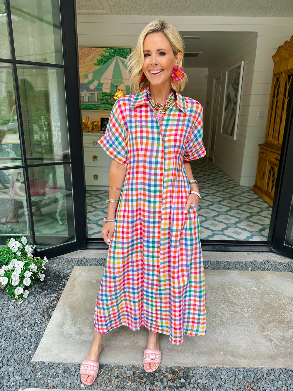 STEPPING OUT IN COLOR GINGHAM BUTTON UP MIDI DRESS