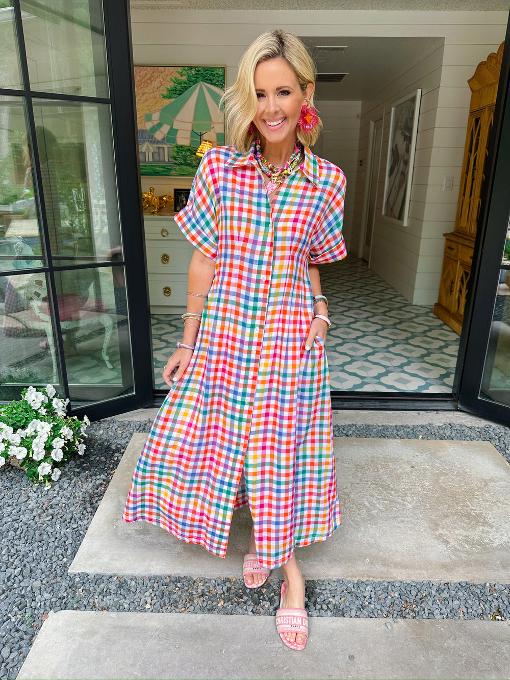 STEPPING OUT IN COLOR GINGHAM BUTTON UP MIDI DRESS