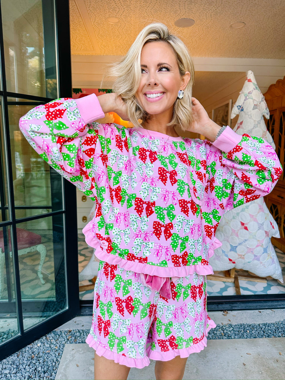 TIED UP IN A BOW RUFFLE PJ SHORTS SET