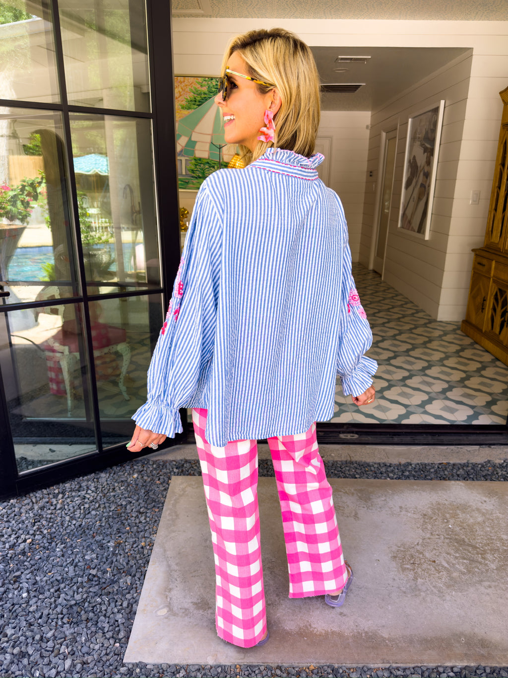 FRANCESCA EMBROIDERED SEERSUCKER STRIPE LONGSLEEVE TOP - BLUE