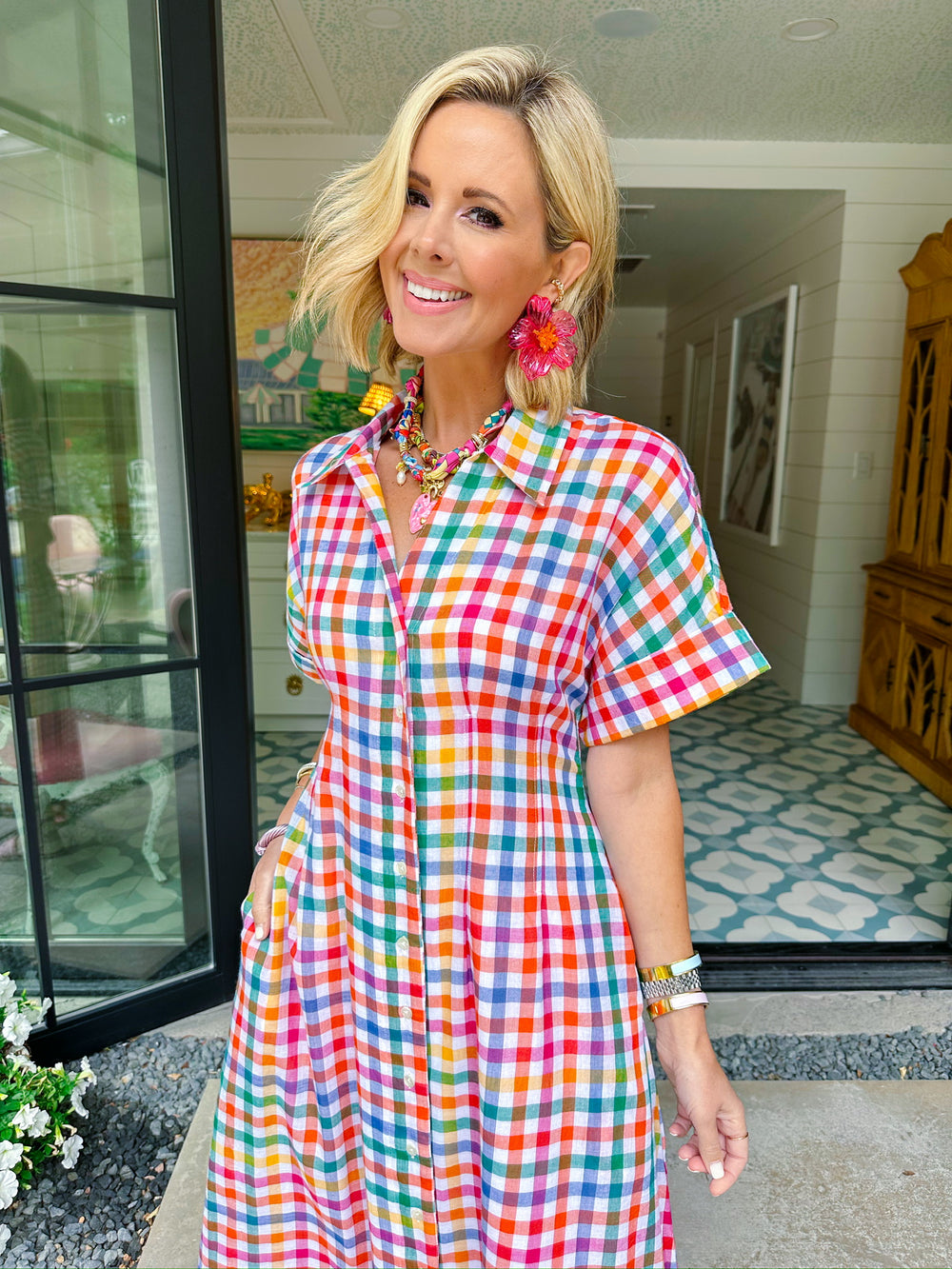 STEPPING OUT IN COLOR GINGHAM BUTTON UP MIDI DRESS