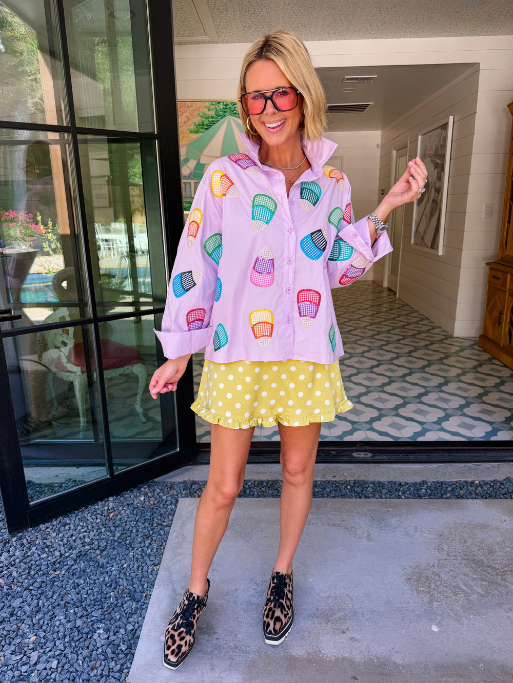 CANDY CORN GINGHAM BUTTON UP TOP - LAVENDER