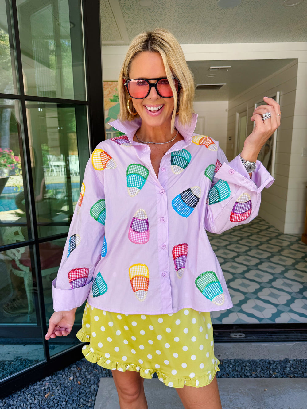 CANDY CORN GINGHAM BUTTON UP TOP - LAVENDER
