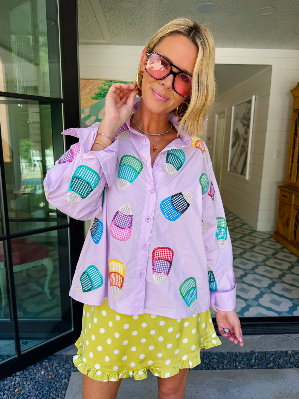 CANDY CORN GINGHAM BUTTON UP TOP - LAVENDER