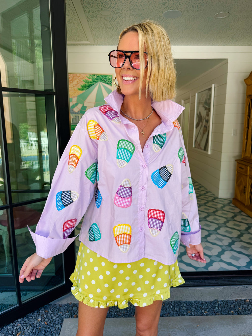 CANDY CORN GINGHAM BUTTON UP TOP - LAVENDER