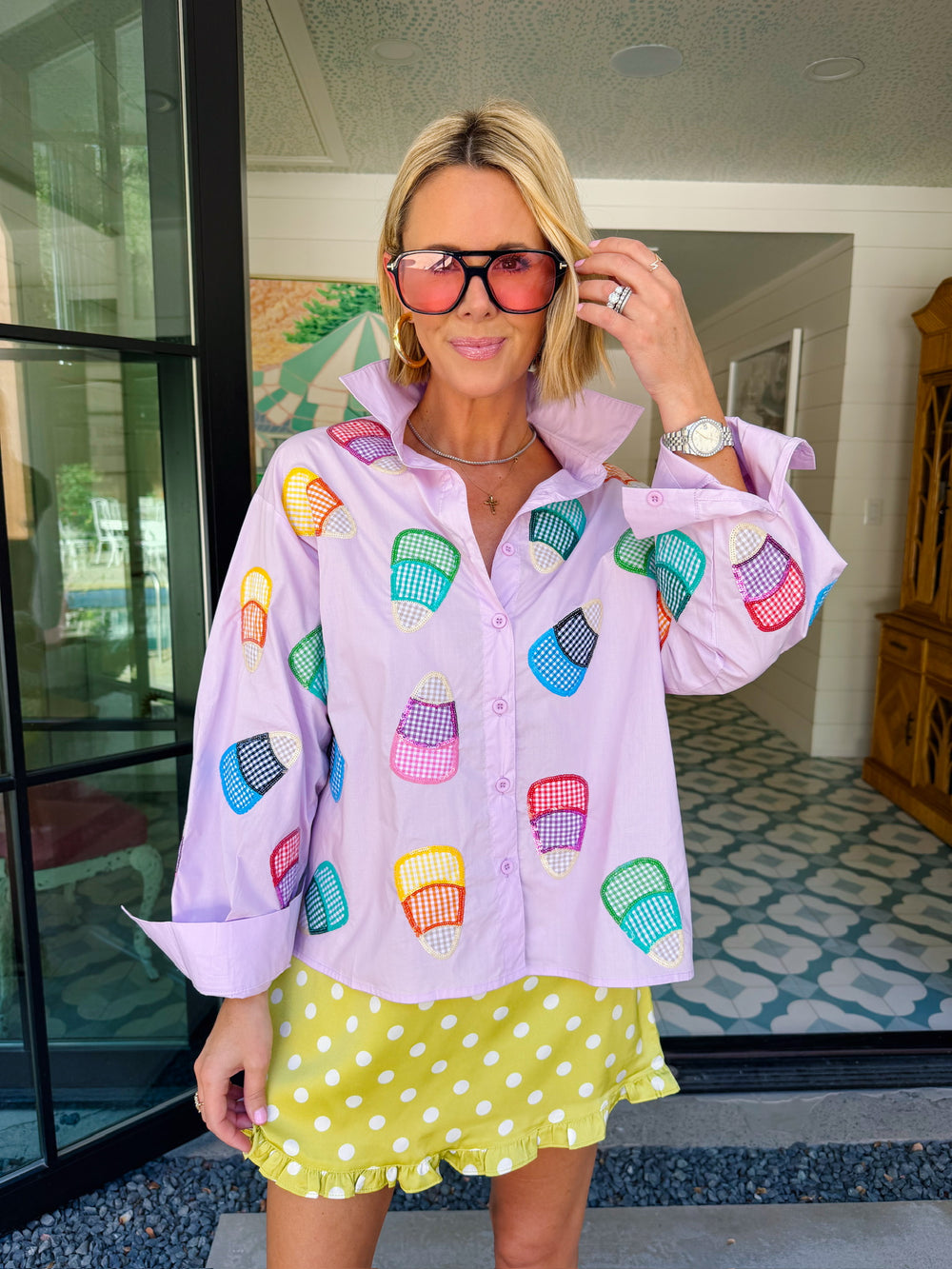 CANDY CORN GINGHAM BUTTON UP TOP - LAVENDER