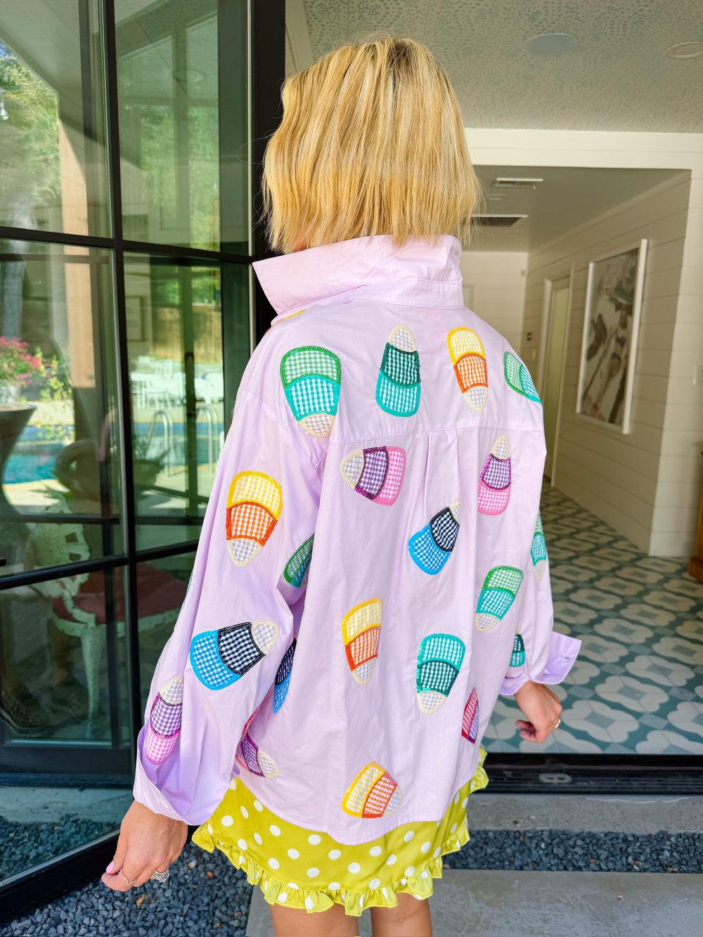 CANDY CORN GINGHAM BUTTON UP TOP - LAVENDER