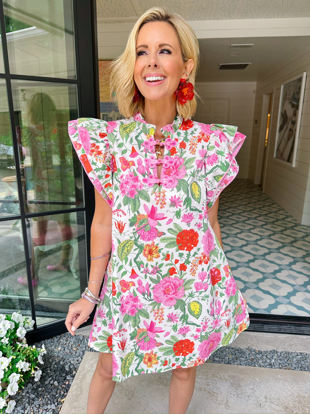 BUY MYSELF FLOWERS FLUTTER SLEEVE DRESS - PINK