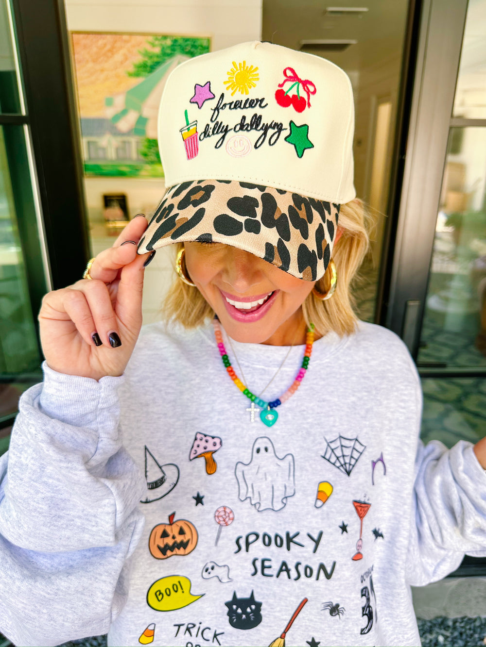 FOREVER DILLY DALLY LEOPARD CANVAS TRUCKER HAT