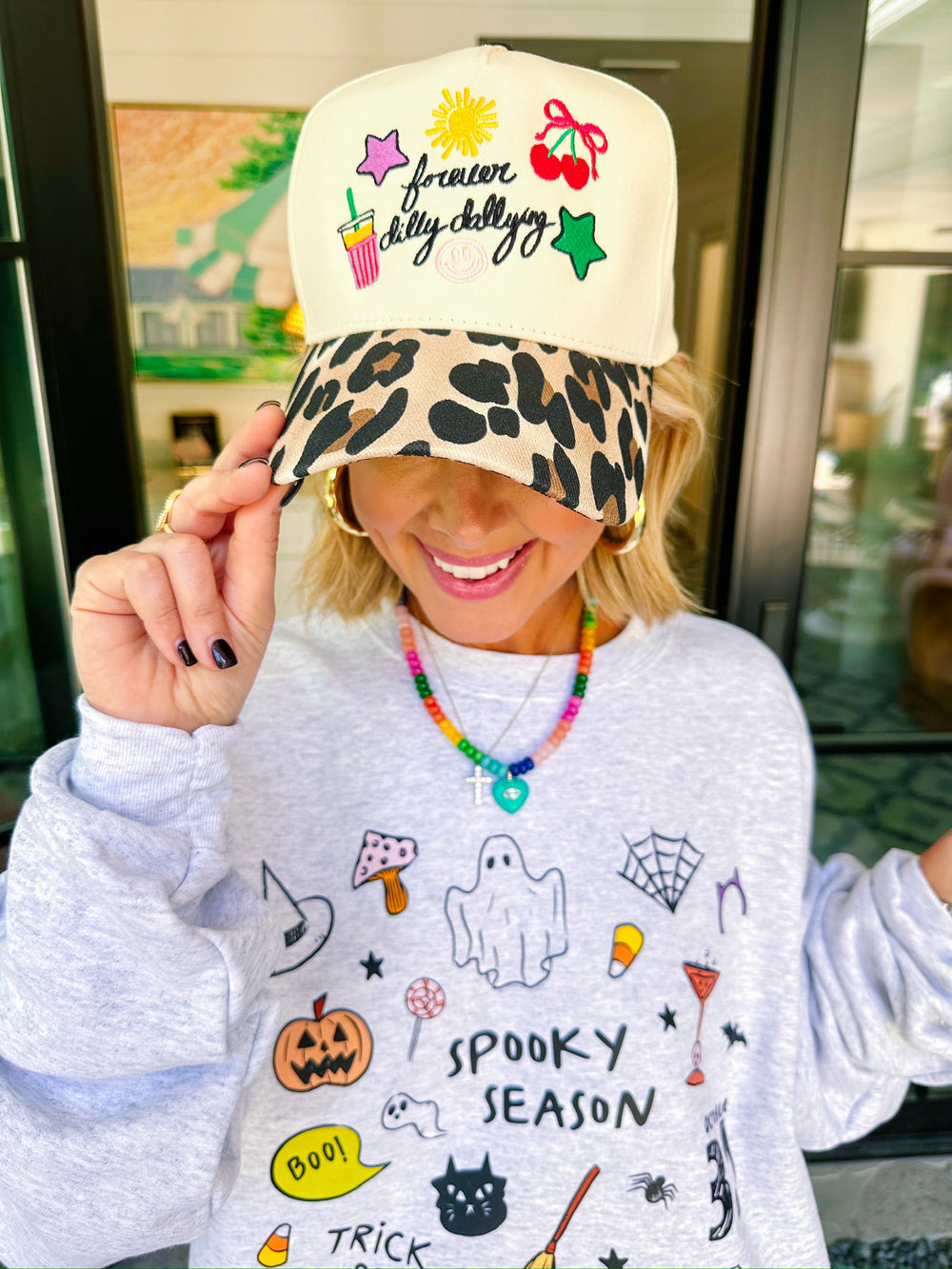 FOREVER DILLY DALLY LEOPARD CANVAS TRUCKER HAT