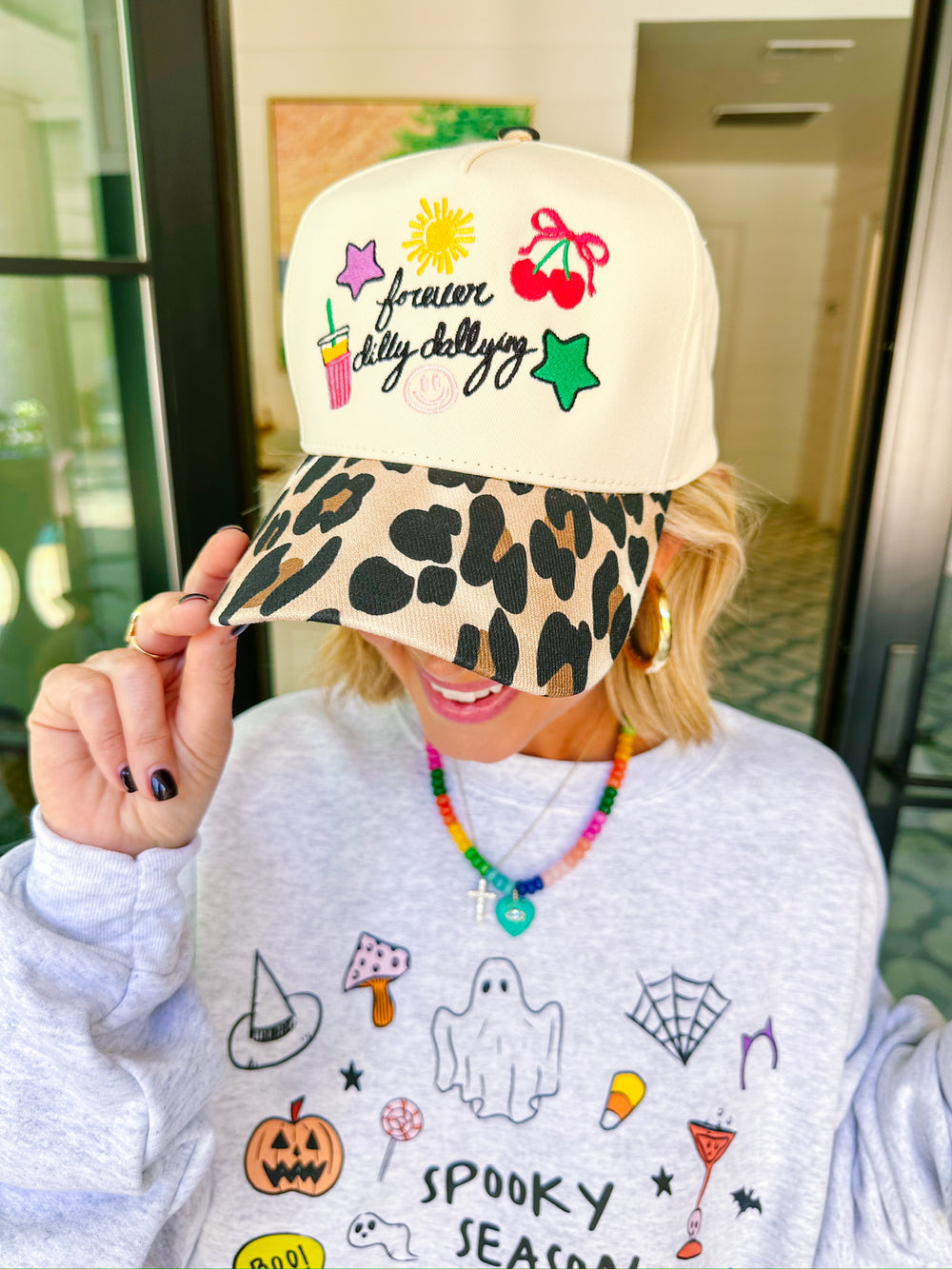 FOREVER DILLY DALLY LEOPARD CANVAS TRUCKER HAT