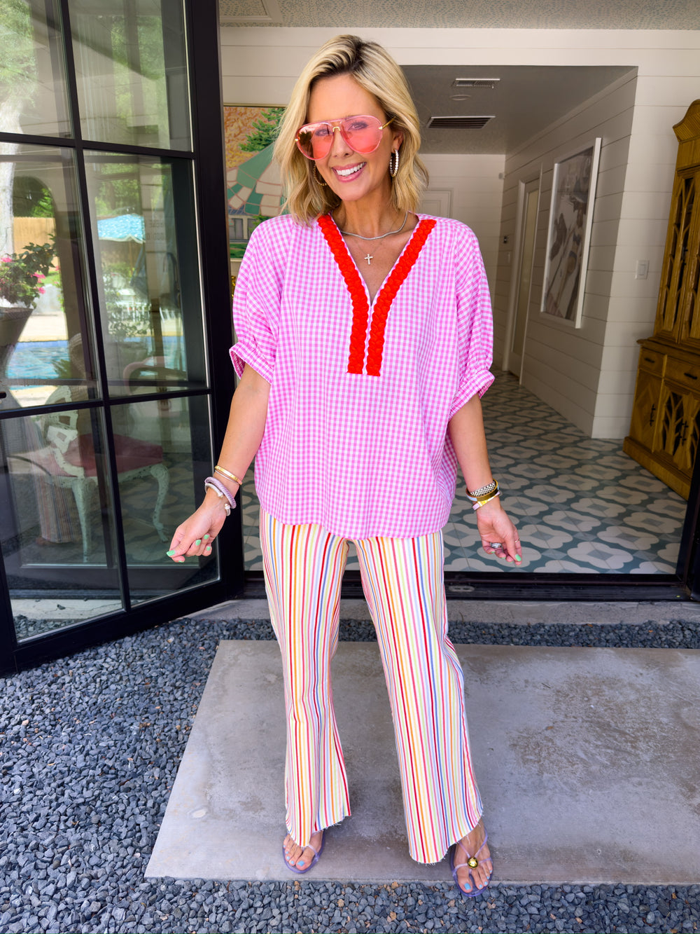 WALK IN THE PARK GINGHAM BRAIDED VNECK TOP - PINK