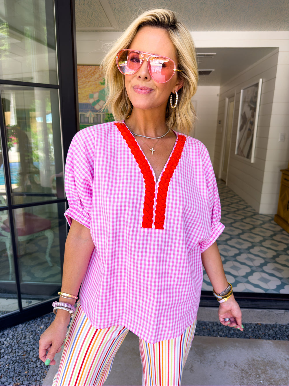 WALK IN THE PARK GINGHAM BRAIDED VNECK TOP - PINK
