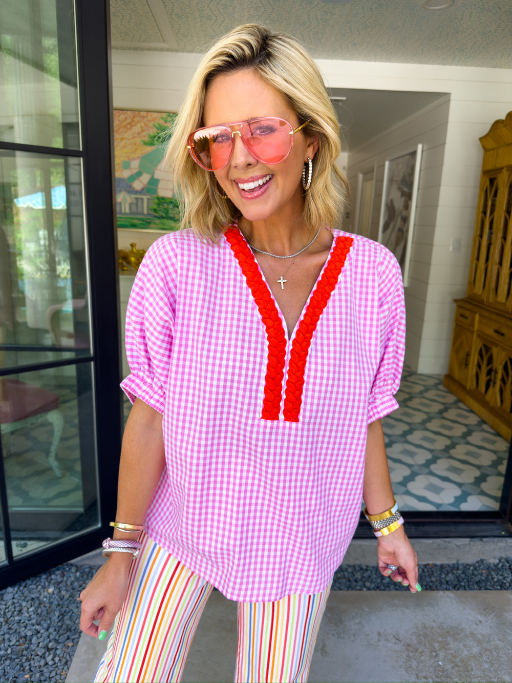WALK IN THE PARK GINGHAM BRAIDED VNECK TOP - PINK