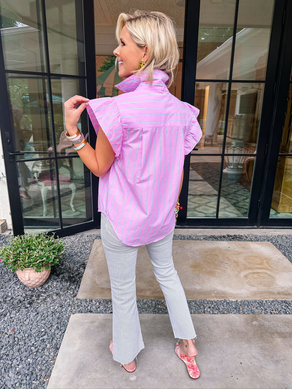 EASY DOES IT STRIPE BUTTON UP TOP - PINK/BLUE